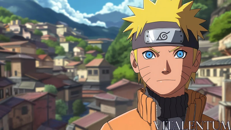 Blond anime ninja portrait against sunlit terraced village backdrop