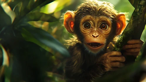 Hyper-detailed young chimpanzee rendered with cinematic jungle lighting
