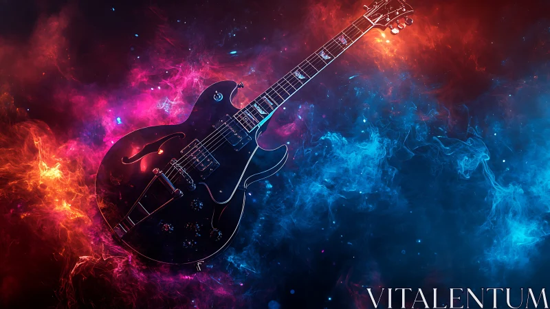 Electric guitar floats amid neon fire and smoke clouds