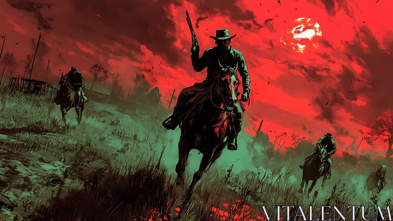Outlaw riders charge under bloodred western apocalypse sky.