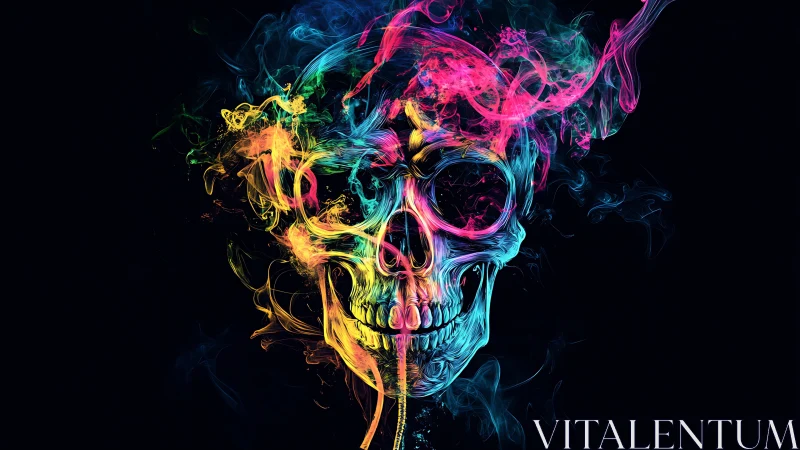 Neon smoke skull illustration over deep black background.