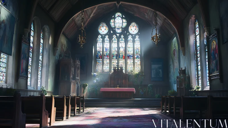 Sunlit gothic chapel interior with stained glass drama.