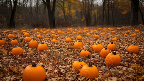 Autumn woodland field densely arrayed with bright orange pumpkins.