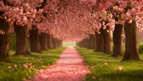Blossom tunnel of springtime dreams along a rosy petal road.