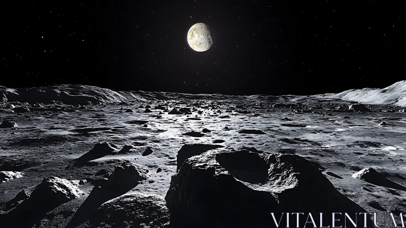 Lunar foreground with rocky terrain under distant moonlight.