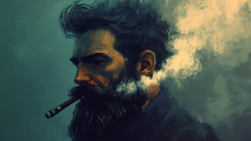 Smoke-wreathed thinker drifts through teal and ember shadows