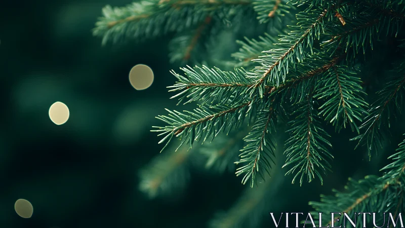 Evergreen conifer needles with soft out of focus lights.