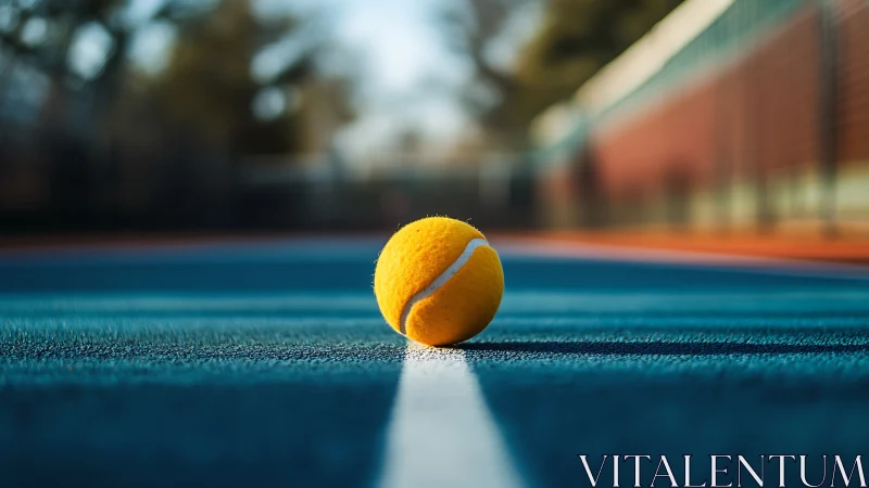 Yellow tennis ball centered on blue outdoor court line.