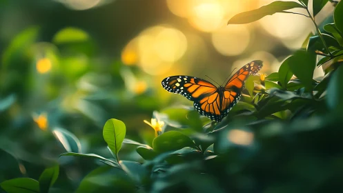 Gentle monarch butterfly resting in a sunlit green garden.