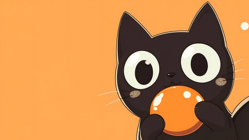 Black cartoon cat holding orange ball on orange background.