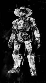 Cowboy mech strides from the void in scraped-metal monochrome