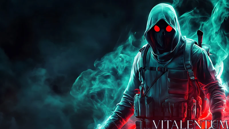 Hooded spectral soldier emerges from neon smoke and shadow.