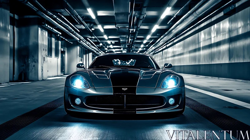 Midnight sports car poised under neon tunnel lights.