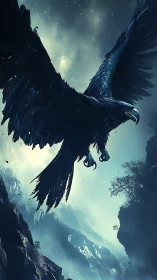 Digital painting of a dark eagle over misted mountain ravine.