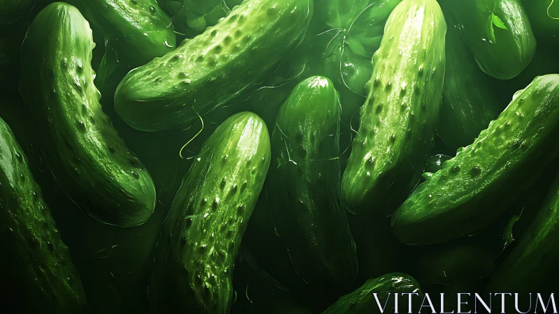 Close-up digital rendering of multiple green cucumbers.