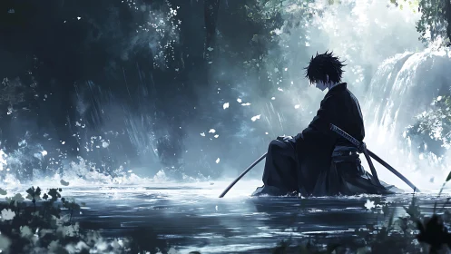 Lone samurai kneels in misted river beneath falling light.
