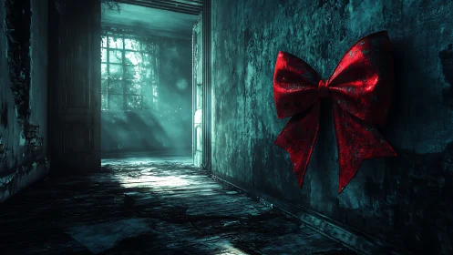 Digital painting of decayed corridor with ominous red bow wallpiece.