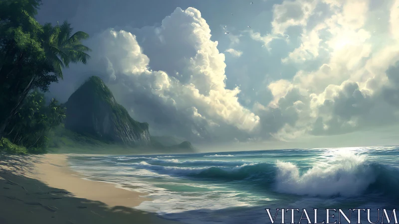 Tropical Beach with Mountain and Storm Clouds.