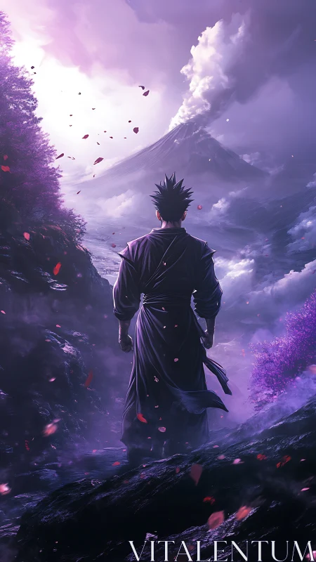 Lone robed figure facing distant smoking volcano peak.