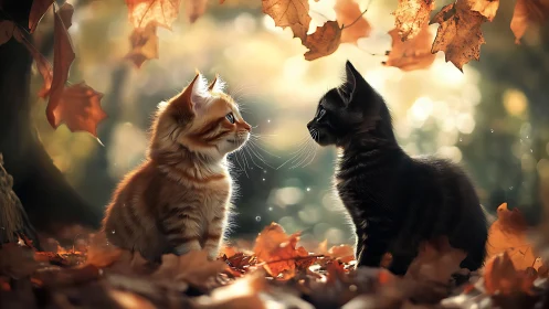 Two kittens face each other among autumn leaves in golden light