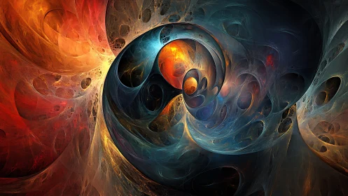 Colorful abstract fractal swirl with glowing center.