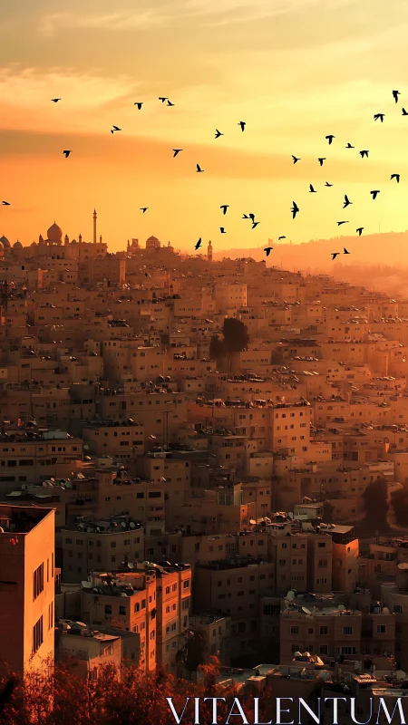 Dense hillside cityscape under warm sunset sky with birds in flight