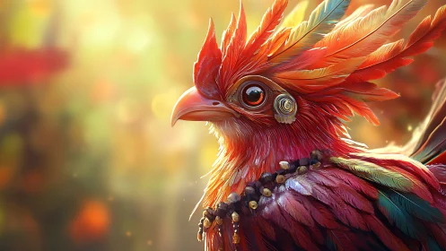 Vibrant Fantasy Bird Portrait with Ornate Feathers and Warm Light.