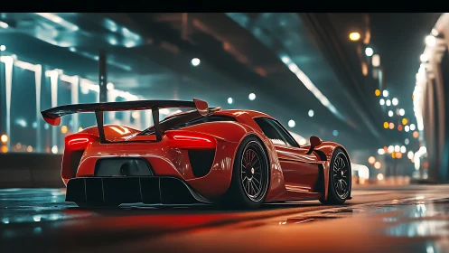 Crimson hypercar stalks neon-drenched midnight boulevard.