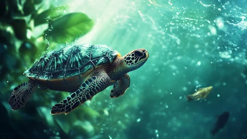 Sea turtle glides through volumetric light in aquatic depths