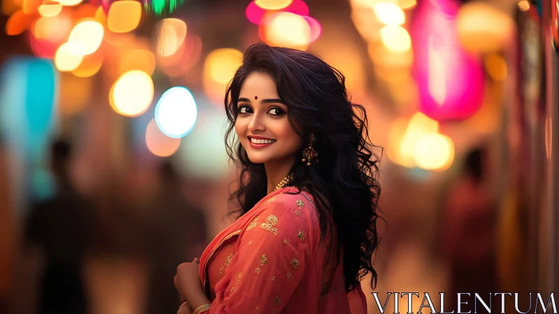 Portrait of woman in festive street setting at night.