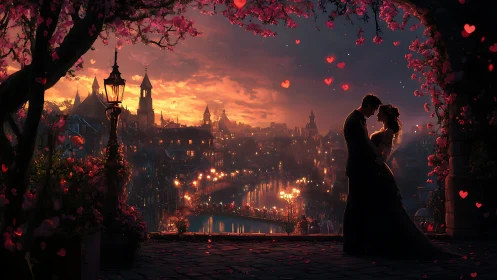 Romantic Couple in Gothic City Sunset.
