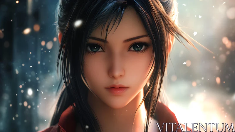 Anime heroine portrait glows within soft winter bokeh.