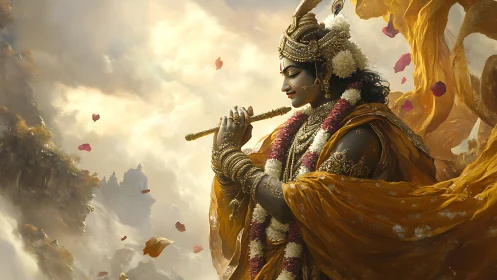 Serene flute player in golden robes amid drifting petals.