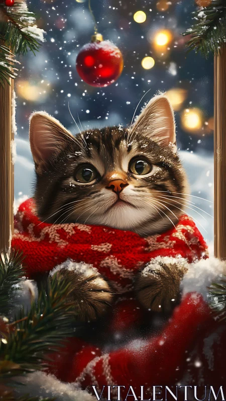 Cozy winter kitten wrapped in a festive red holiday scarf.