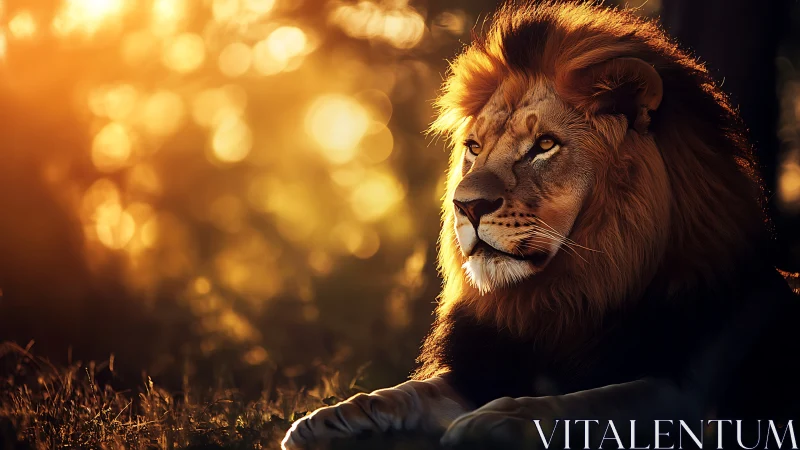 Majestic lion rests in glowing golden sunset forest light.