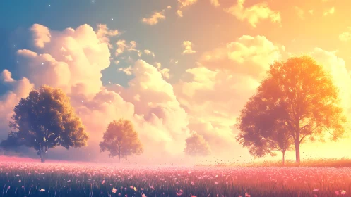 Trees in pastel-toned meadow under dense cloud cover.