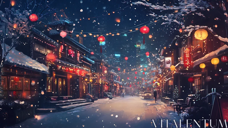 Snowy lantern-lit Asian street captures cinematic nocturnal calm