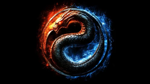 Coiled dragon emblem unites blazing fire and icy blue energy