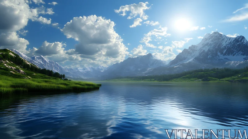 Sunlit alpine lake beneath dramatic cloud-swept peaks.