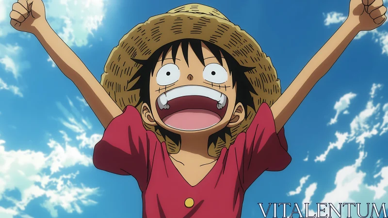 Straw hat anime character with raised arms under sky.