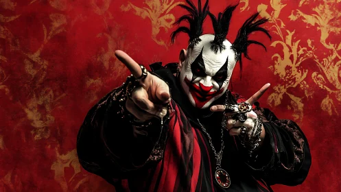 Sinister clown performer points directly toward camera viewer
