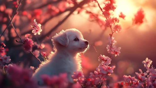 White puppy sits among pink blossoms at sunset light
