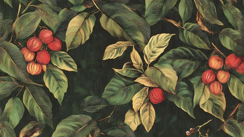 Botanical pattern of red drupes and veined foliage on dark field
