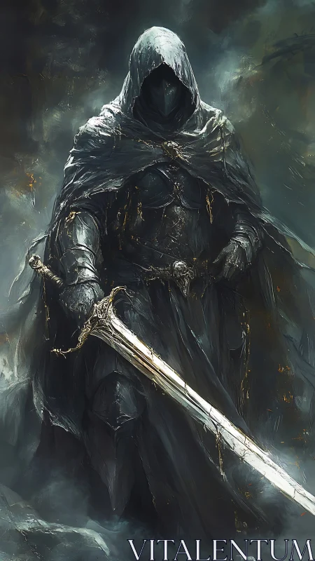 Hooded dark knight with greatsword in cinematic digital painting.