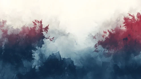 Abstract red and blue foliage cloudscape in soft mist.