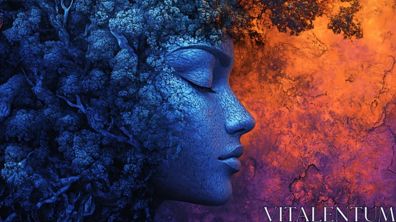 Dreaming stone goddess between ember sky and twilight forest.