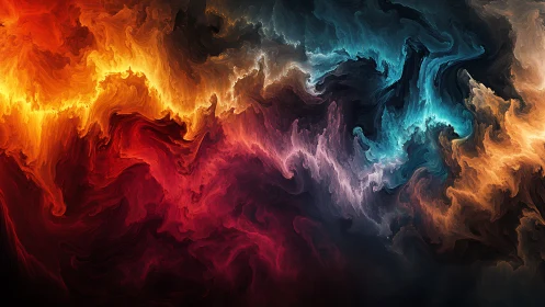 Vivid abstract nebula clouds in red, gold and cyan tones.