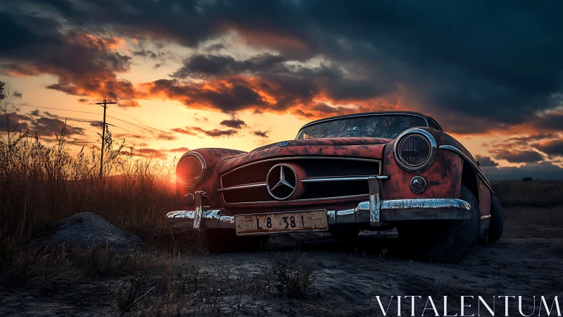 Weathered classic coupe rendered in cinematic sunset backlighting