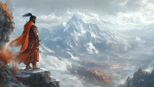 Stoic warrior in red gazes calmly across misty peaks