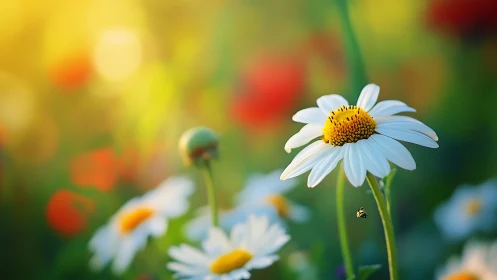 White Daisy with Yellow Center in Selective Focus Macro Study.